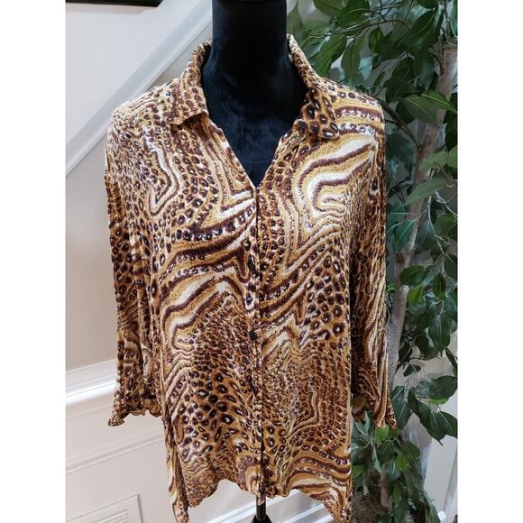 MPH Collection Womens Brown 100% Rayon Collared Long Sleeve Button Down Shirt 2X - Picture 6 of 13